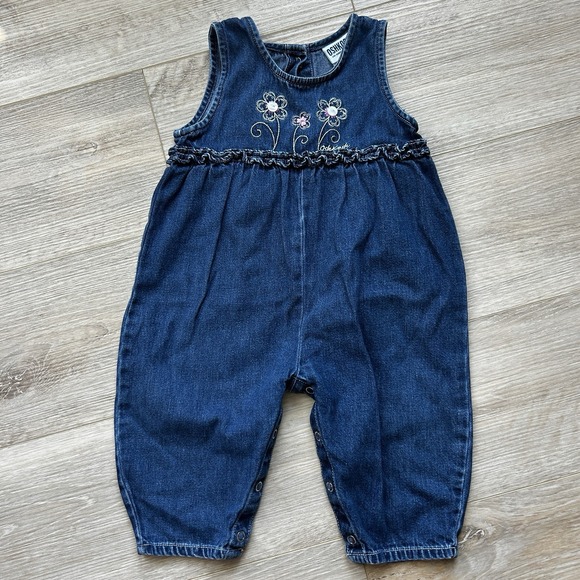 OshKosh B'gosh Pants - Vintage 90s‎ Oshkosh B'Gosh Baby Girls Blue Jean Floral Jumper Size 12 Mo.